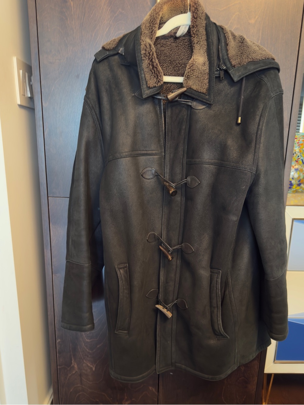 Marc New York Dark Brown Shearling-Trim Toggle Peacoat